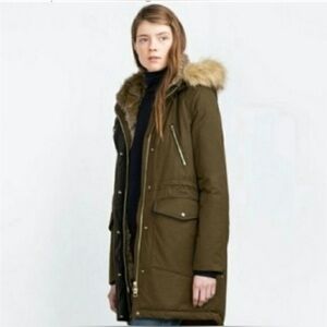 ZARA Green Faux Fur Hooded Coat/Parka